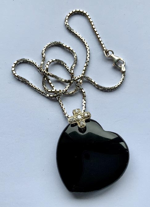 Italian sterling silver, onyx and cubic zirconia heart necklace